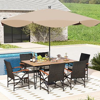 7 Piece Patio Dining Set with Acacia Wood Table and Cushioned Wicker Chairs