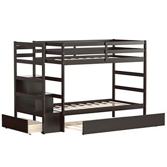 Twin Over Twin Bunk Bed with Trundle, Storage Stairs and Drawer