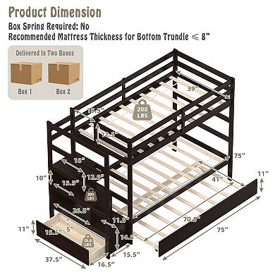 Twin Over Twin Bunk Bed with Trundle, Storage Stairs and Drawer