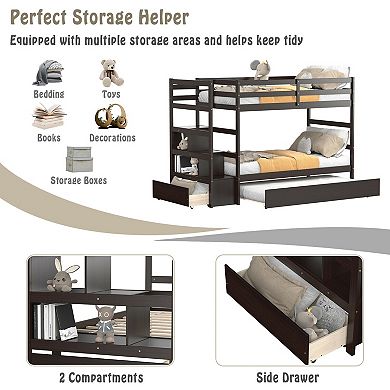 Twin Over Twin Bunk Bed with Trundle, Storage Stairs and Drawer