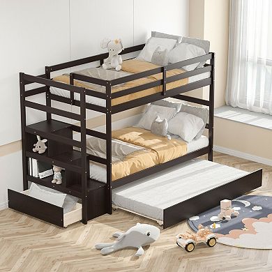 Twin Over Twin Bunk Bed with Trundle, Storage Stairs and Drawer