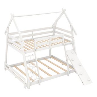 Twin Over Queen Bunk Bed with Climbing Net Ramp and House Frame