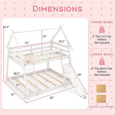 Twin Over Queen Bunk Bed with Climbing Net Ramp and House Frame