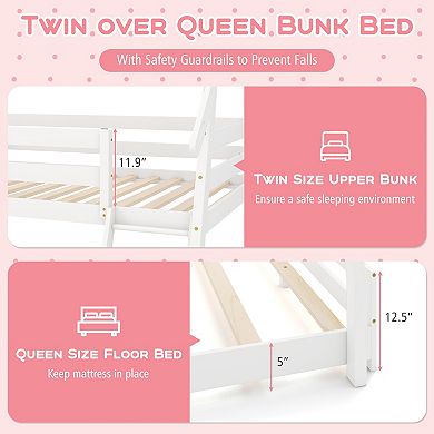 Twin Over Queen Bunk Bed with Climbing Net Ramp and House Frame