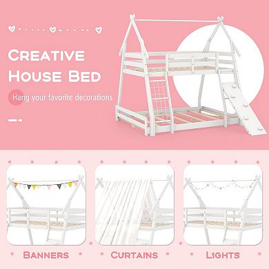 Twin Over Queen Bunk Bed with Climbing Net Ramp and House Frame