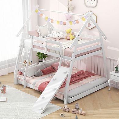 Twin Over Queen Bunk Bed with Climbing Net Ramp and House Frame