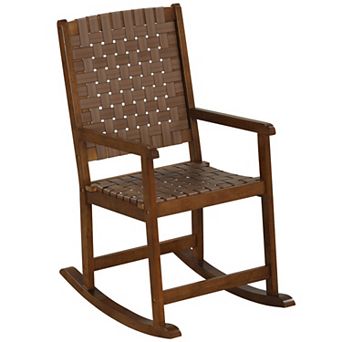 Patio Wood Rocking Chair with PU Leather Seat and Rubber Wood Frame