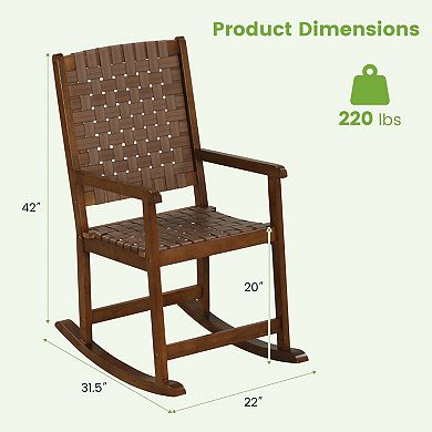 Patio Wood Rocking Chair with PU Leather Seat and Rubber Wood Frame