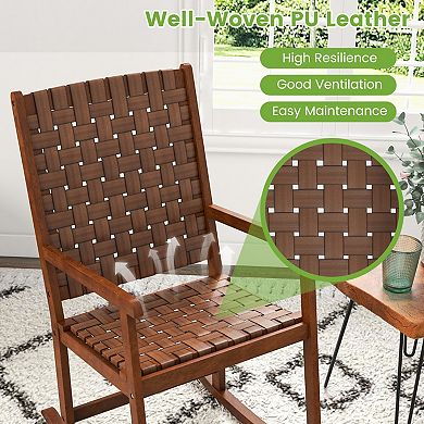 Patio Wood Rocking Chair with PU Leather Seat and Rubber Wood Frame
