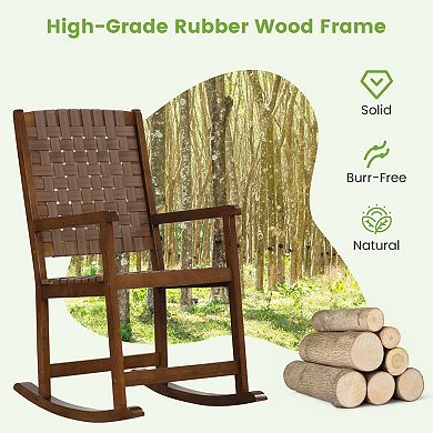 Patio Wood Rocking Chair with PU Leather Seat and Rubber Wood Frame