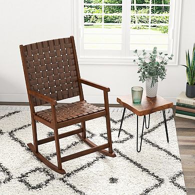 Patio Wood Rocking Chair with PU Leather Seat and Rubber Wood Frame