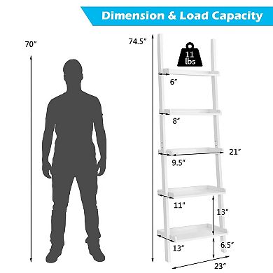 5 Tier Ladder Shelf Bookcase Wall Leaning Display Rack