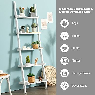 5 Tier Ladder Shelf Bookcase Wall Leaning Display Rack