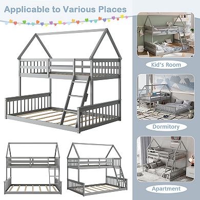 Twin Over Full House Bunk Bed with Ladder and Guardrails