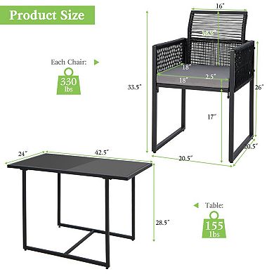 Patio Dining Set with Folding Backrest and Cushions 3 Piece Outdoor Rattan Set