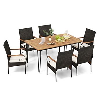 7 pc Patio Dining Set with Acacia Wood Table and Rattan Armchairs
