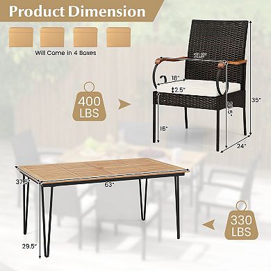 7 Piece Patio Dining Set with Acacia Wood Table and Rattan Armchairs