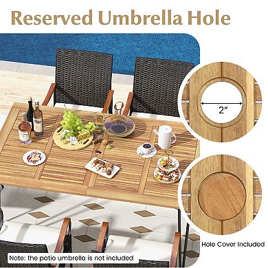 7 Piece Patio Dining Set with Acacia Wood Table and Rattan Armchairs