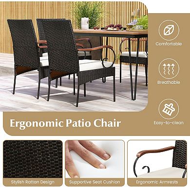 7 Piece Patio Dining Set with Acacia Wood Table and Rattan Armchairs
