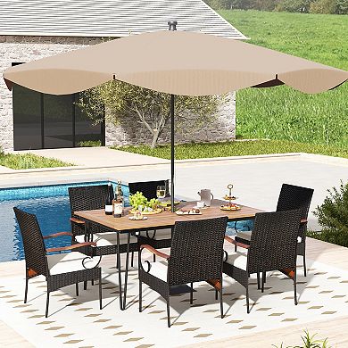7 Piece Patio Dining Set with Acacia Wood Table and Rattan Armchairs