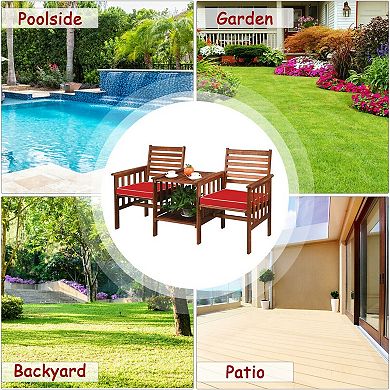 Outdoor Patio Loveseat Set With Acacia Wood Frame And Table