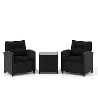Patio Furniture Set 3 pc Wicker Conversation Set with Cushions and Glass Table