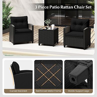 Patio Furniture Set 3 Piece Wicker Conversation Set with Cushions and Glass Table