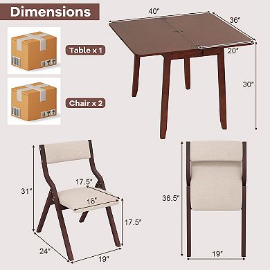 Expandable Dining Table Set for 2 with Folding Upholstered Chairs and Storage