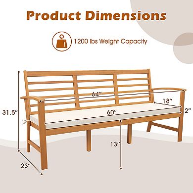 Patio Wood Bench with Cushion 64 Inch Outdoor Garden Seating