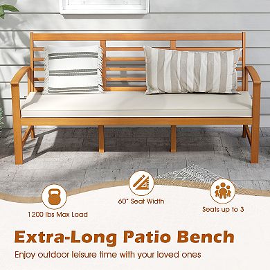 Patio Wood Bench with Cushion 64 Inch Outdoor Garden Seating