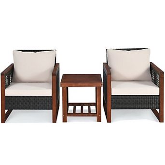 Patio Wicker Furniture Set with Acacia Wood Coffee Table and Cushions