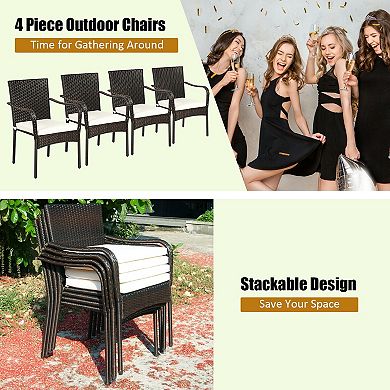 Stackable Patio Dining Chairs Set of 4 with Cushioned Armrests and Rattan Seats