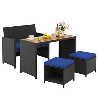 4 pc Patio Dining Set with Acacia Wood Table and Rattan Seating