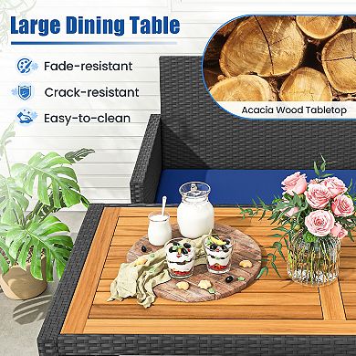 4 Piece Patio Dining Set with Acacia Wood Table and Rattan Seating
