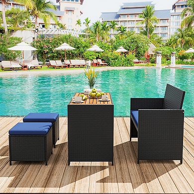 4 Piece Patio Dining Set with Acacia Wood Table and Rattan Seating