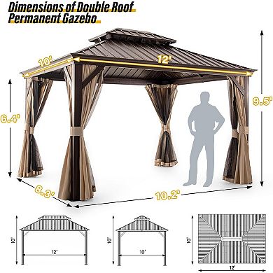 10' x 12' Hardtop Gazebo with Curtains & Netting, Double Roof Aluminum Frame