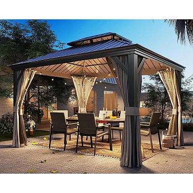 10' x 12' Hardtop Gazebo with Curtains & Netting, Double Roof Aluminum Frame
