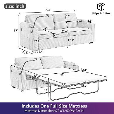 Corduroy Sleeper Sofa Loveseat Sofa with Full Size Mattress and USB Ports