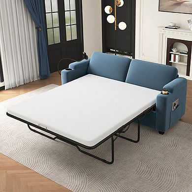 Corduroy Sleeper Sofa Loveseat Sofa with Full Size Mattress and USB Ports
