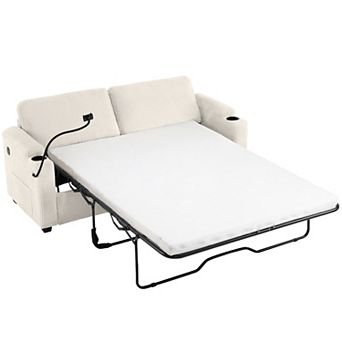 Corduroy Sleeper Sofa Loveseat Sofa with Full Size Mattress and USB Ports