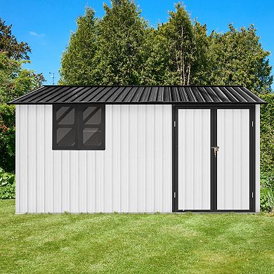 12x10 Ft Metal Garden Storage Shed with Window and Shelves