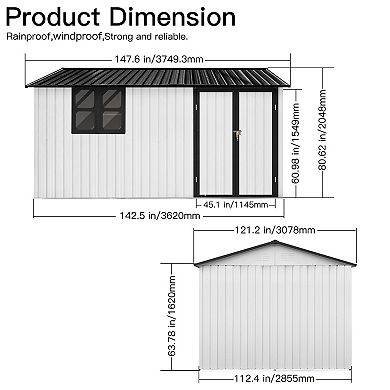 12x10 Ft Metal Garden Storage Shed with Window and Shelves