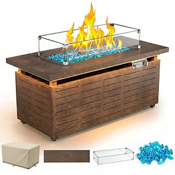 51"Rectangular Propane Fire Pit Table, Brown Wood Grain with LED Ambient Light