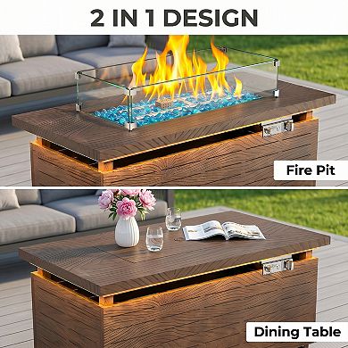 51"Rectangular Propane Fire Pit Table, Brown Wood Grain with LED Ambient Light