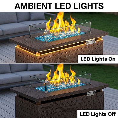 51"Rectangular Propane Fire Pit Table, Brown Wood Grain with LED Ambient Light