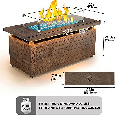 51"Rectangular Propane Fire Pit Table, Brown Wood Grain with LED Ambient Light