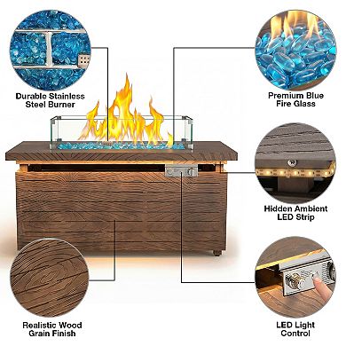 51"Rectangular Propane Fire Pit Table, Brown Wood Grain with LED Ambient Light