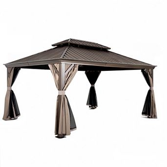 12' x 16' Hardtop Gazebo with Curtains & Netting, Double Roof Aluminum Frame