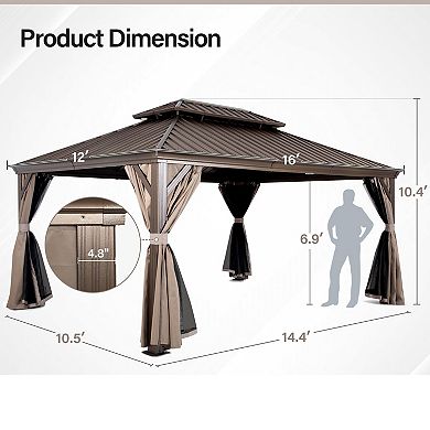 12' x 16' Hardtop Gazebo with Curtains & Netting, Double Roof Aluminum Frame
