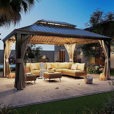 12' x 16' Hardtop Gazebo with Curtains & Netting, Double Roof Aluminum Frame